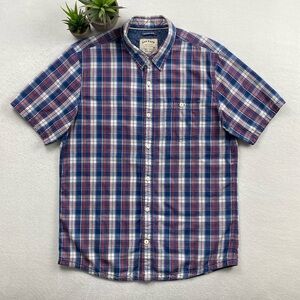 Fat Face Indigo Dye Plaid Check Short Sleeve Button Up Shirt (Blue/Red/White)